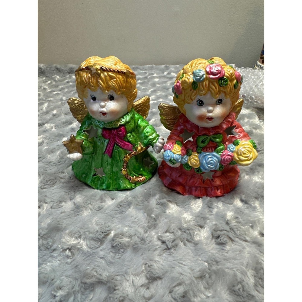 Vintage Ceramic Angel Tea Light Candle Holder Set Red Green Cherub Figurines 5.5